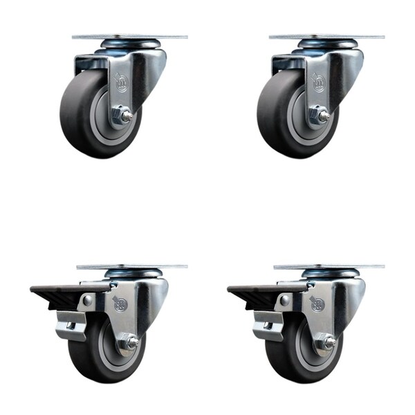 3'' Thermo Rubber Wheel Swivel Top Plate Caster Set with 2 Posi Brakes, 4PK